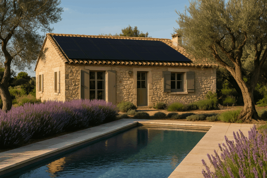 maison type provençale avec des oliviers,de la lavande, une piscine et des panneaux solaires sur le toit 
